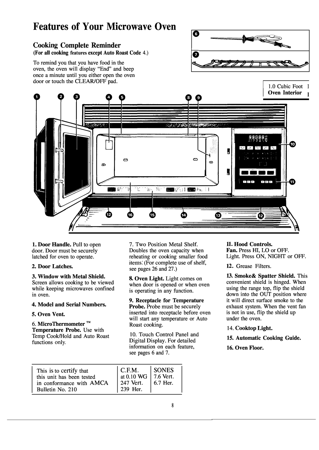 GE JVM172J warranty Features of Your Microwave Oven, Cooting Complete Reminder, Sones 
