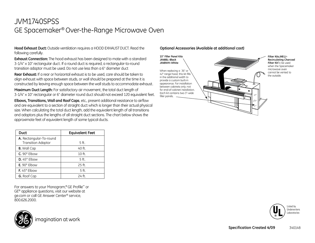 GE JVM1740SPSS dimensions Duct Equivalent Feet, Optional Accessories Available at additional cost 