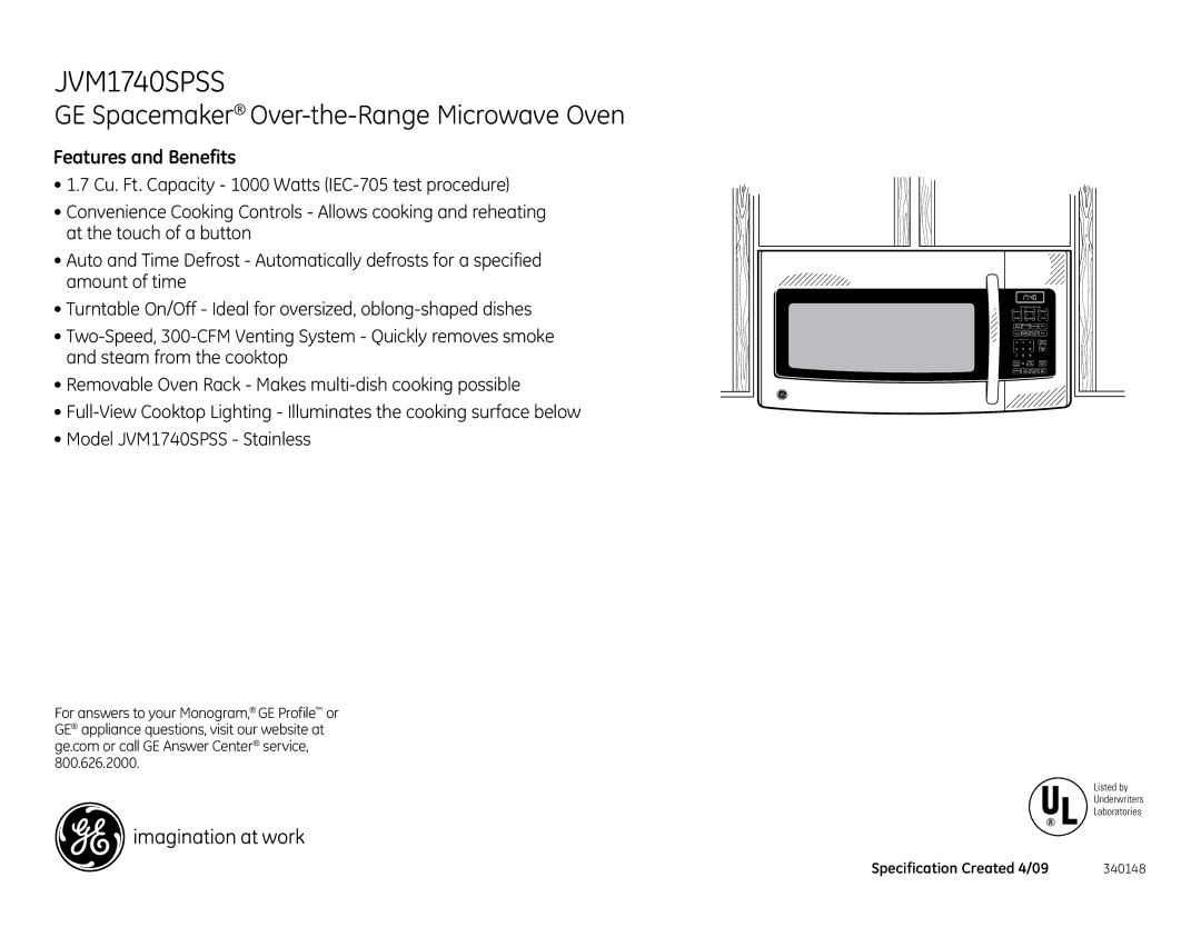 GE JVM1740SPSS dimensions Features and Benefits, Convenience Cooking 