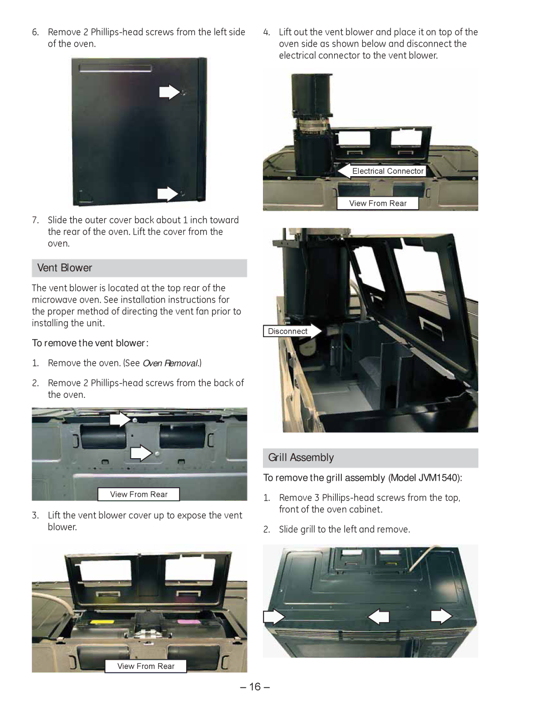 GE JVM1750 manual Vent Blower, Grill Assembly, To remove the vent blower, To remove the grill assembly Model JVM1540 