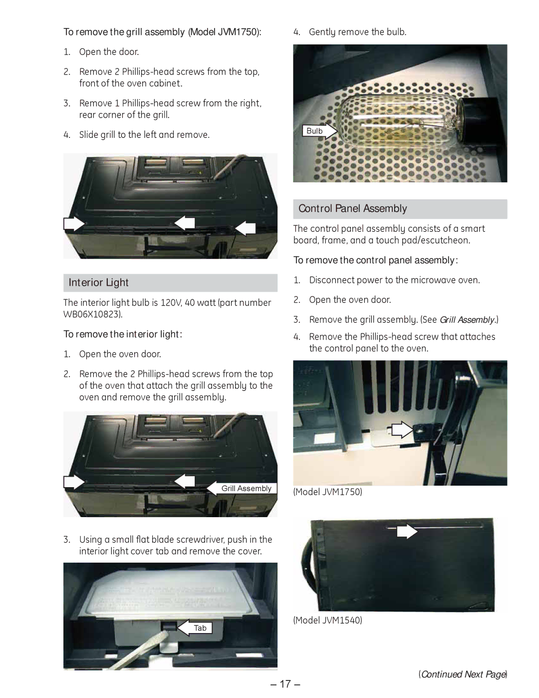 GE Interior Light, Control Panel Assembly, To remove the grill assembly Model JVM1750, To remove the interior light 