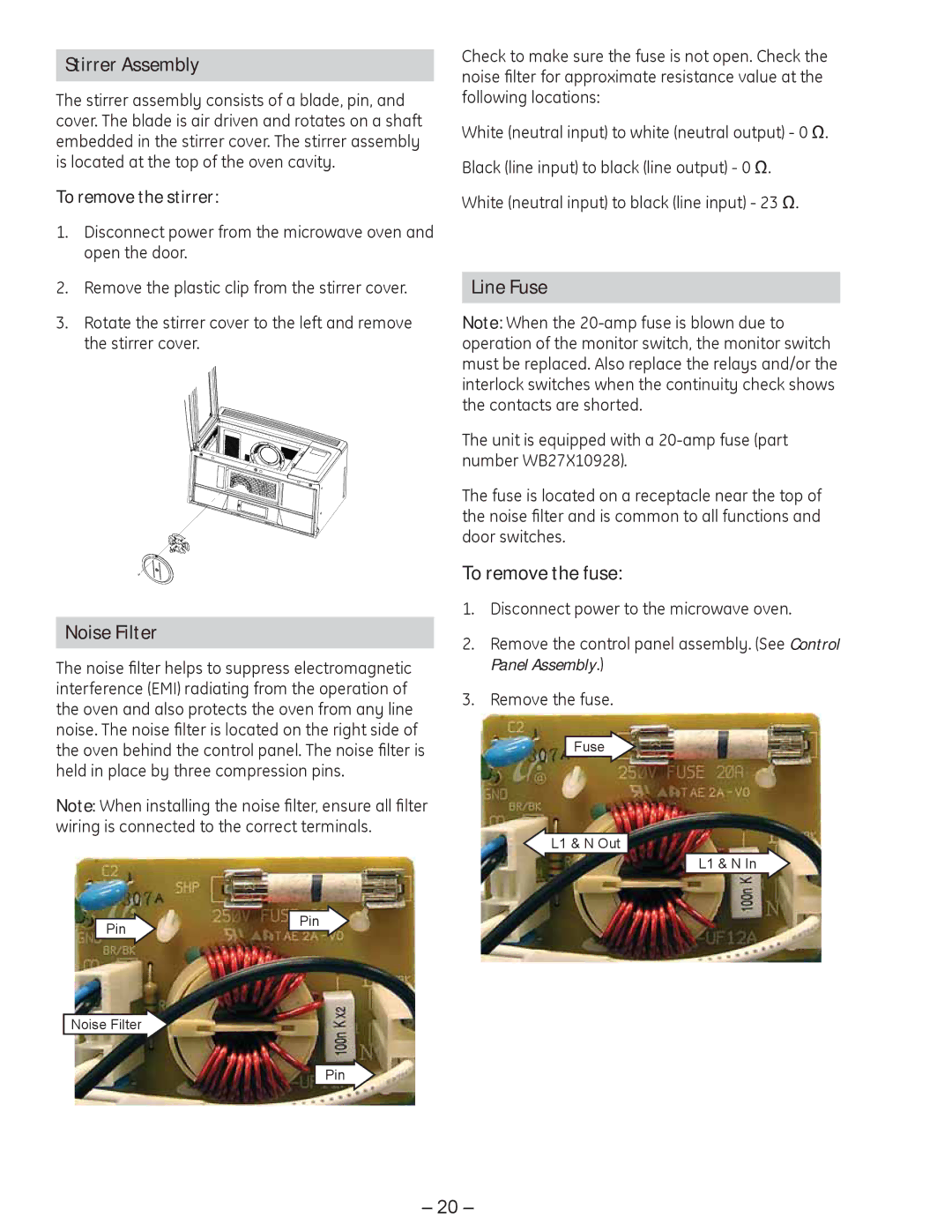 GE JVM1750 manual Stirrer Assembly, Noise Filter, Line Fuse, To remove the fuse, To remove the stirrer 