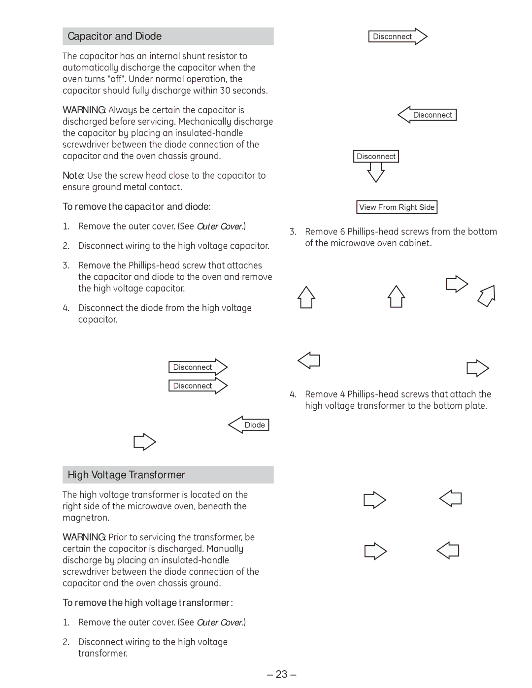 GE JVM1750 manual Capacitor and Diode, High Voltage Transformer, To remove the capacitor and diode 