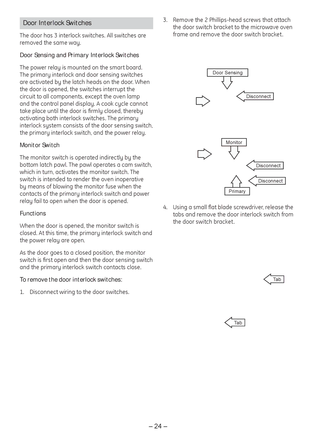 GE JVM1750 manual Door Interlock Switches, Door Sensing and Primary Interlock Switches, Monitor Switch, Functions 