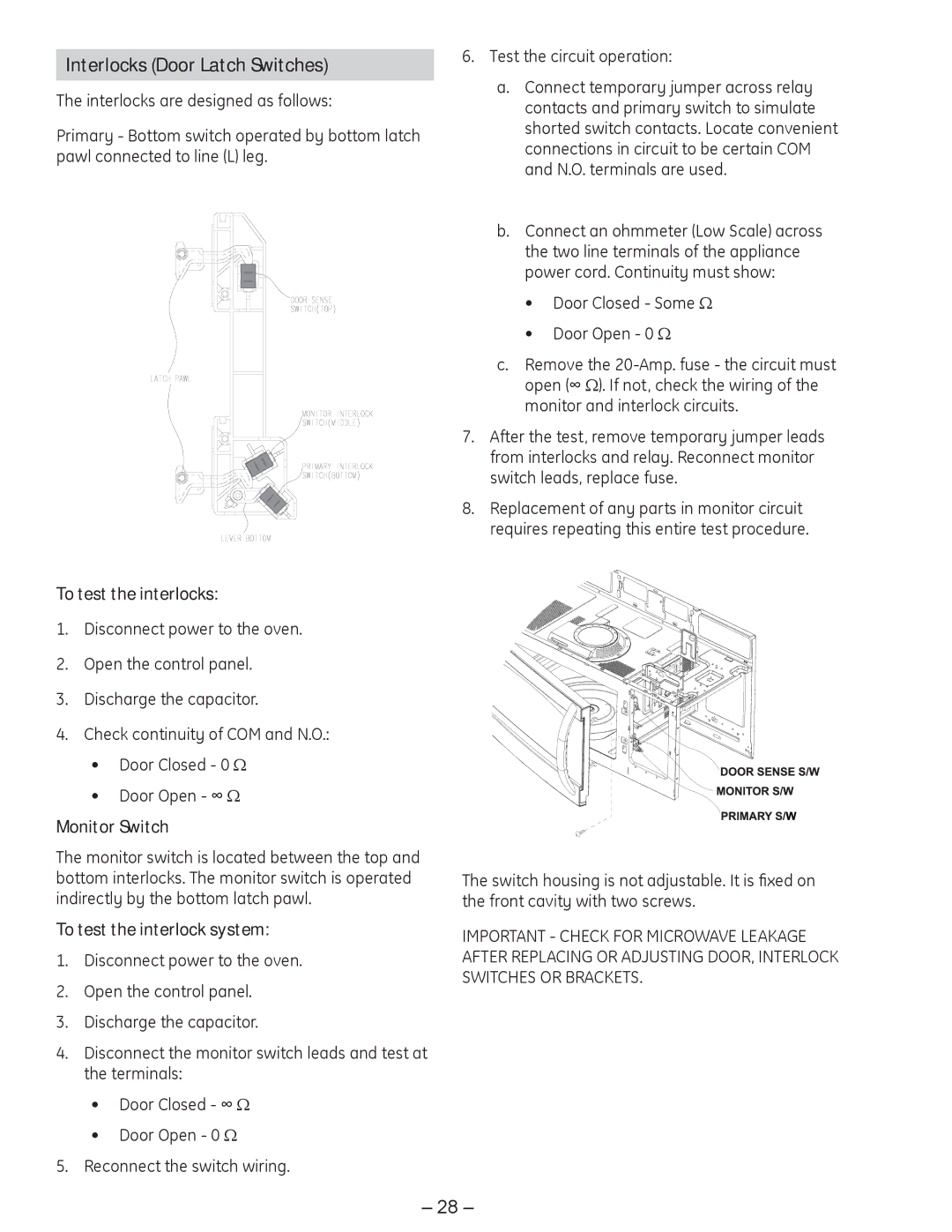 GE JVM1750 manual Interlocks Door Latch Switches, To test the interlocks, To test the interlock system 