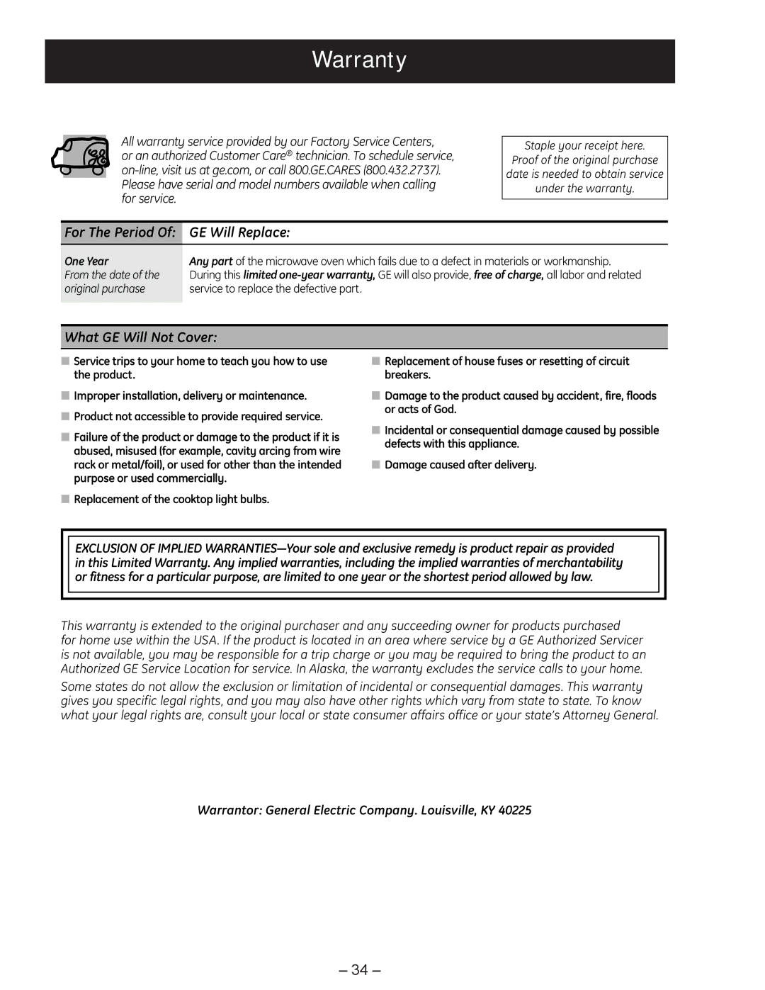 GE JVM1750 manual Warranty, For The Period Of GE Will Replace 