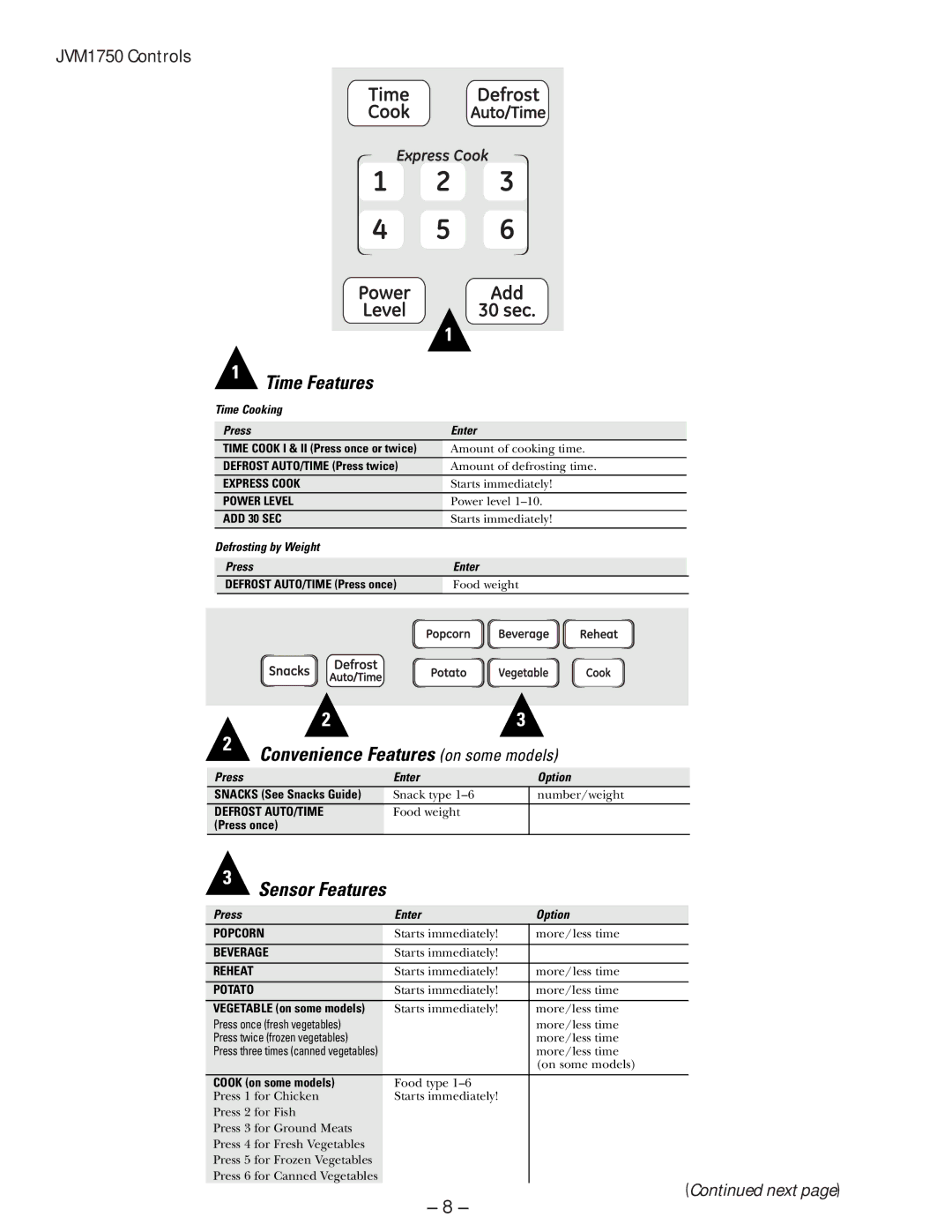 GE manual Time Features, JVM1750 Controls 