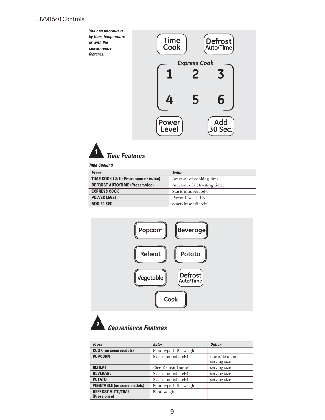 GE JVM1750 manual Time Features, JVM1540 Controls 