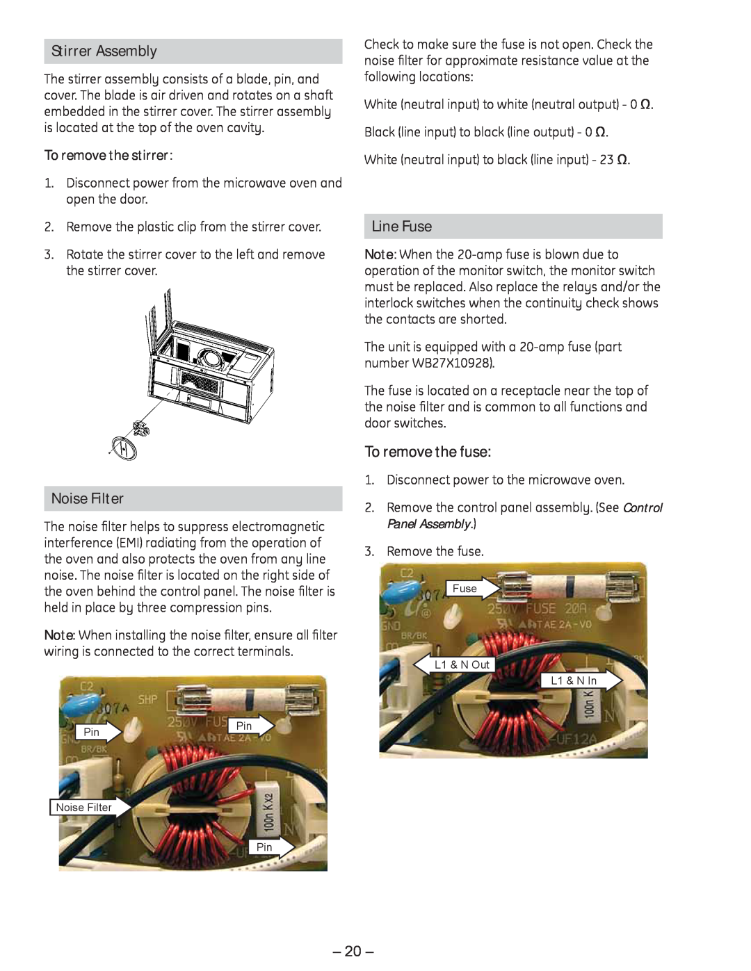 GE JVM1750 manual Stirrer Assembly, Noise Filter, Line Fuse, To remove the fuse, To remove the stirrer 