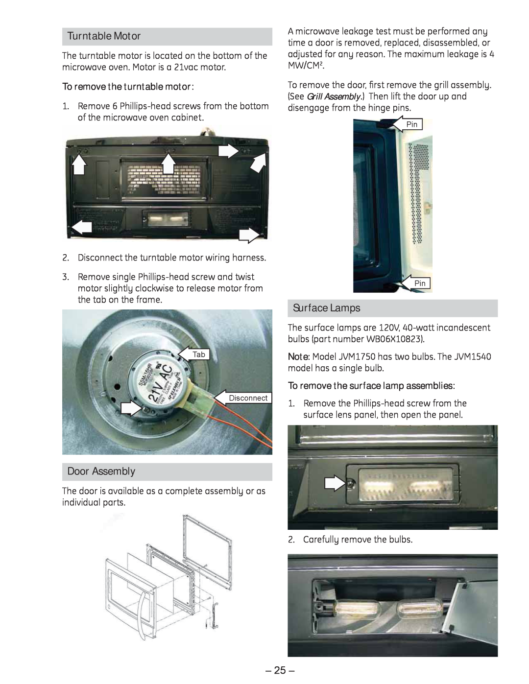 GE JVM1750 manual Turntable Motor, Surface Lamps, Door Assembly, To remove the turntable motor 