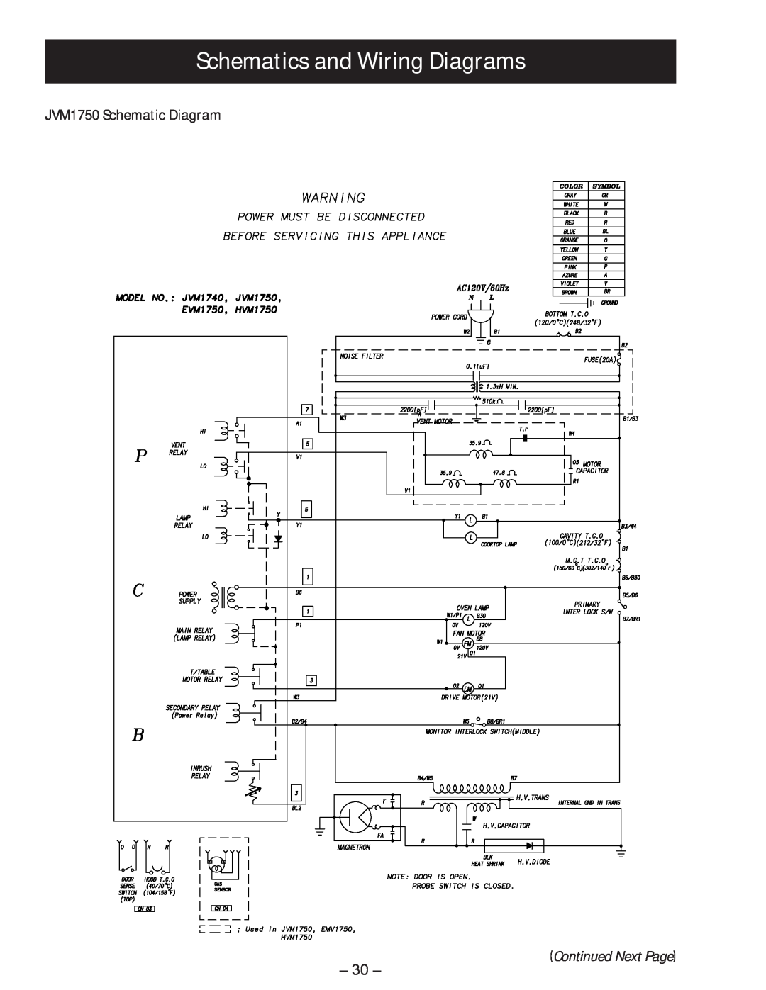 GE manual Schematics and Wiring Diagrams, JVM1750 Schematic Diagram, Continued Next Page 