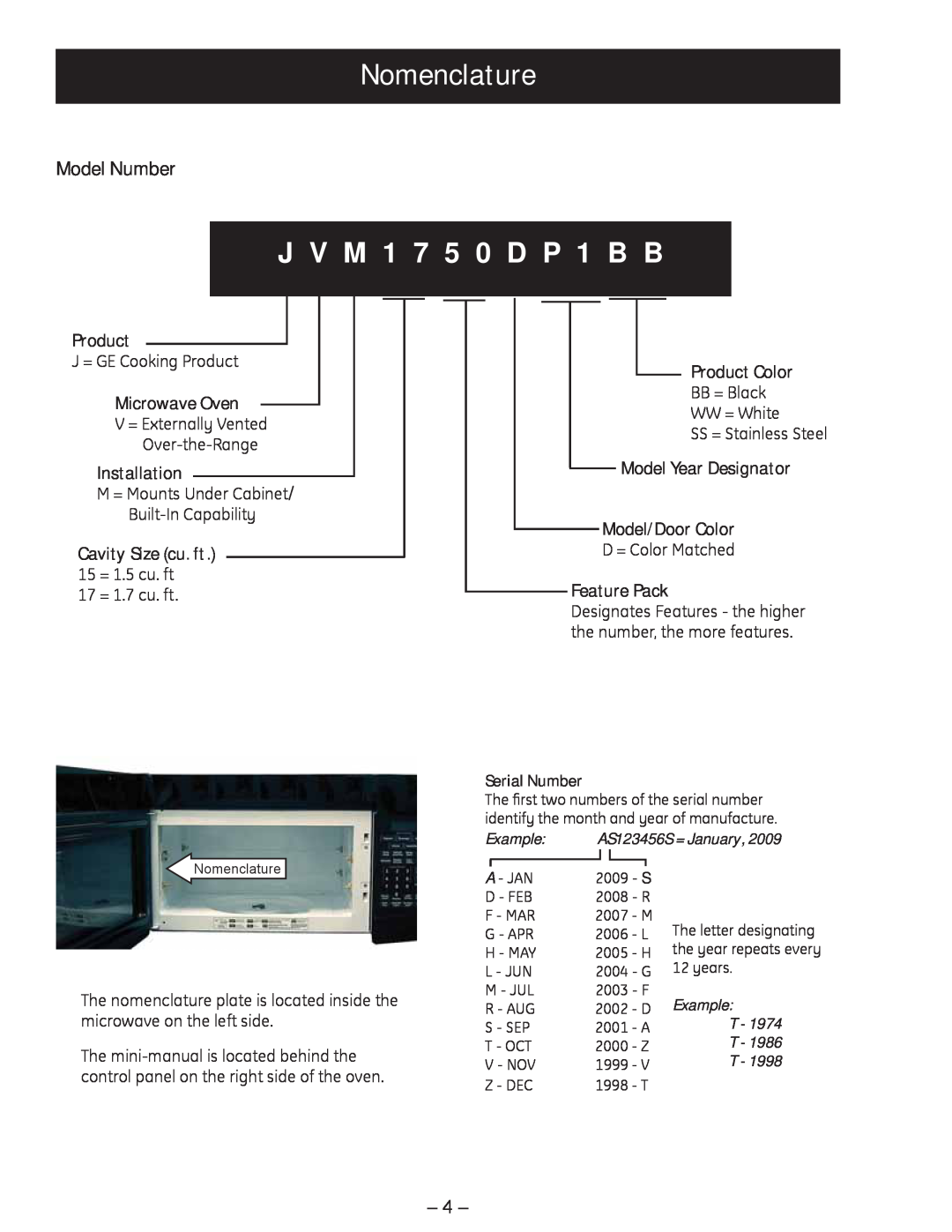 GE JVM1750 manual Nomenclature, J V M 1 7 5 0 D P 1 B B, Model Number, Microwave Oven, Installation, Product Color 