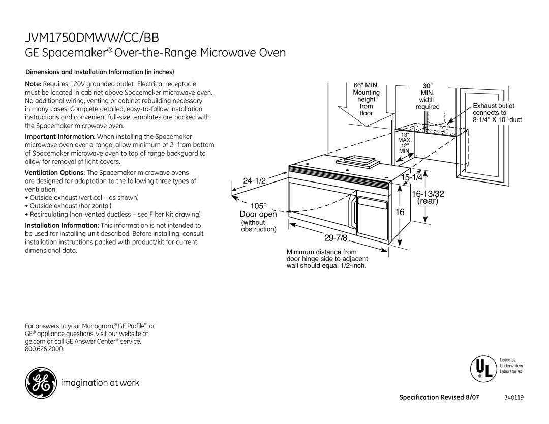 GE JVM1750DMBB, JVM1750DMWW dimensions 29-7/8, 15-1/4 16-13/32 Rear, Dimensions and Installation Information in inches 