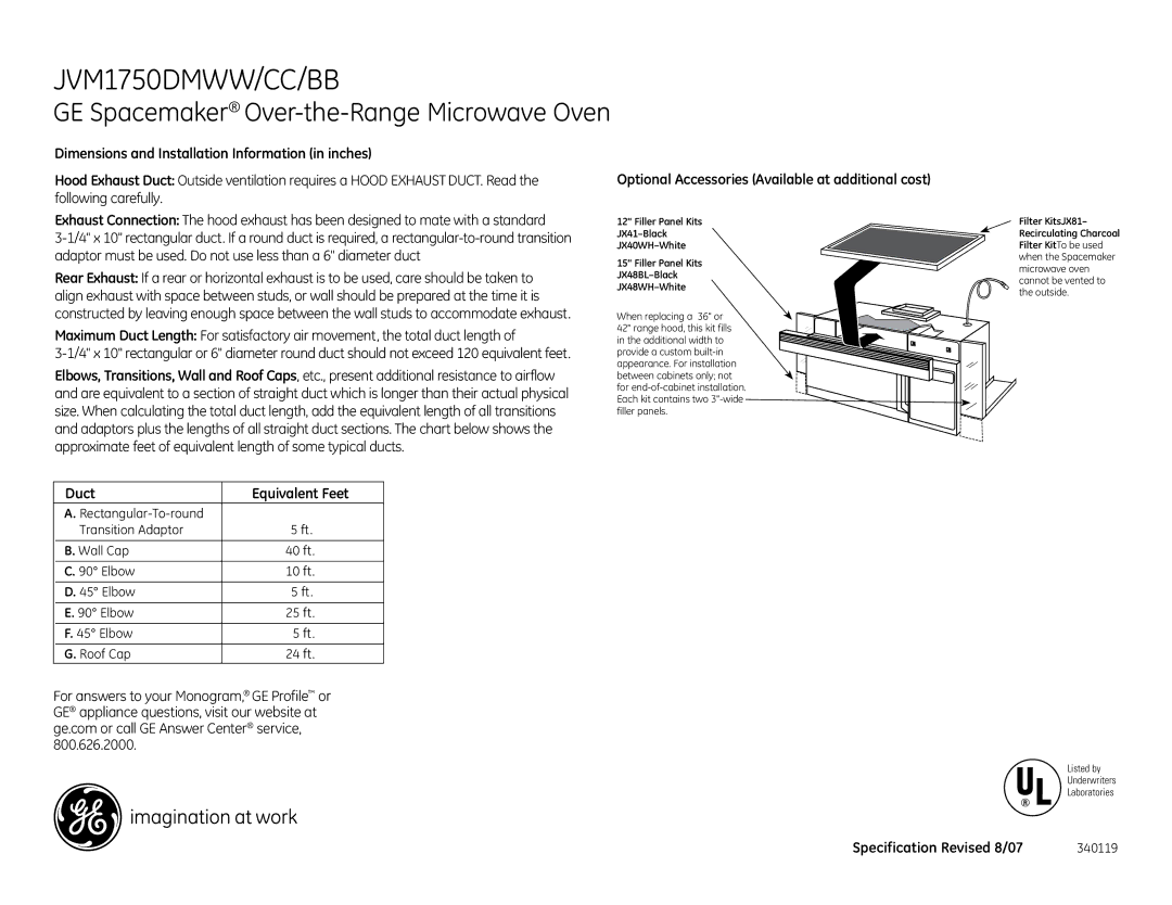 GE JVM1750DMCC, JVM1750DMWW, JVM1750DMBB dimensions Following carefully, Duct Equivalent Feet 