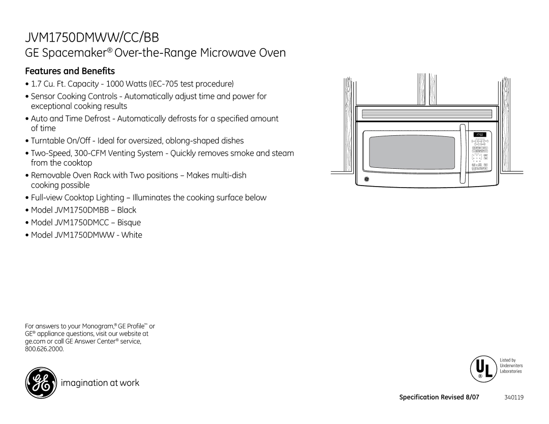 GE JVM1750DMWW, JVM1750DMBB, JVM1750DMCC dimensions Features and Benefits 