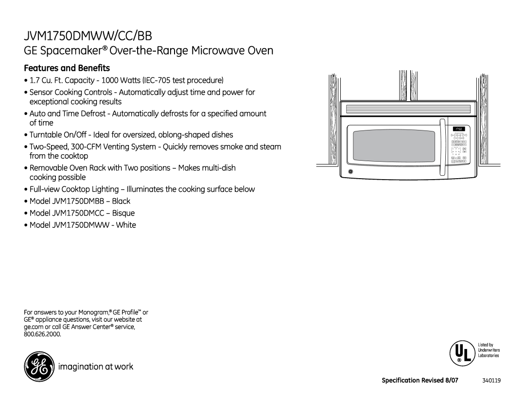 GE JVM1750DMBB, JVM1750DMCC JVM1750DMWW/CC/BB, GE Spacemaker Over-the-RangeMicrowave Oven, Features and Benefits 