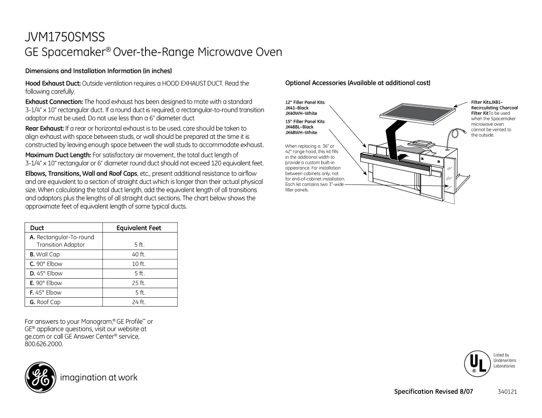 GE JVM1750SMSS dimensions Following carefully, Duct Equivalent Feet 