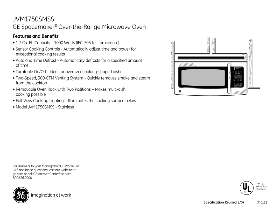 GE JVM1750SMSS dimensions Features and Benefits 