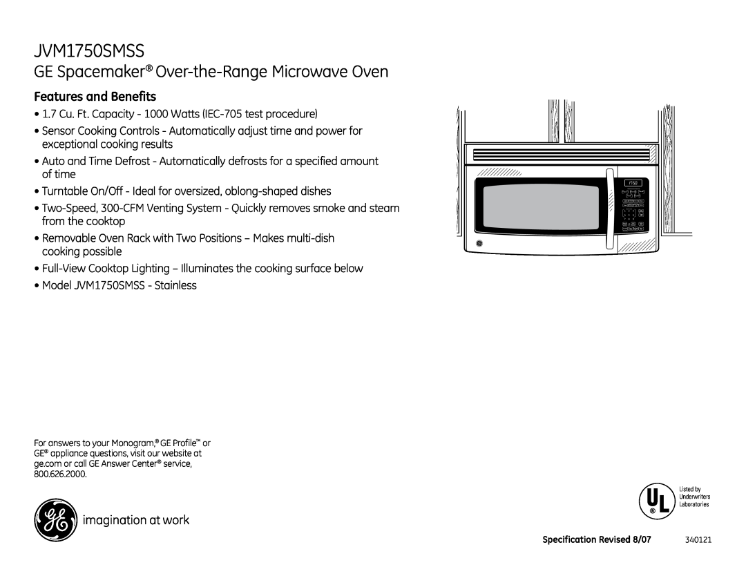 GE JVM1750SMSS dimensions GE Spacemaker Over-the-RangeMicrowave Oven, Features and Benefits 