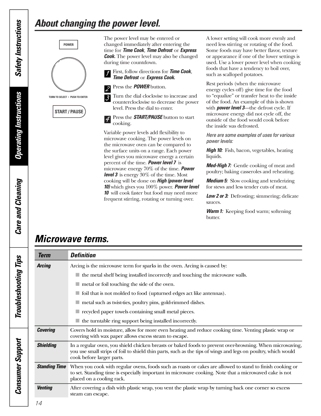 GE JVM1790 owner manual About changing the power level, Microwave terms, Term Definition 