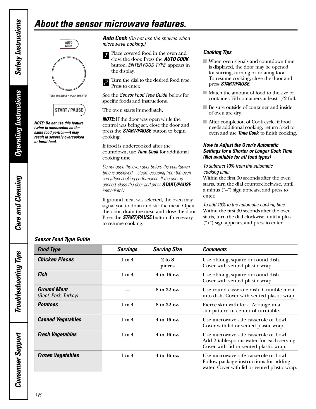 GE JVM1790 owner manual Cooking Tips, Fish, Ground Meat, Potatoes, Canned Vegetables, Fresh Vegetables, Frozen Vegetables 