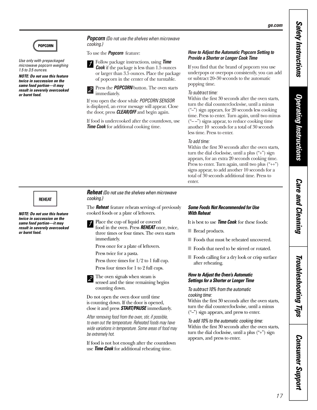 GE JVM1790 owner manual Troubleshooting Tips Consumer Support, With Reheat 