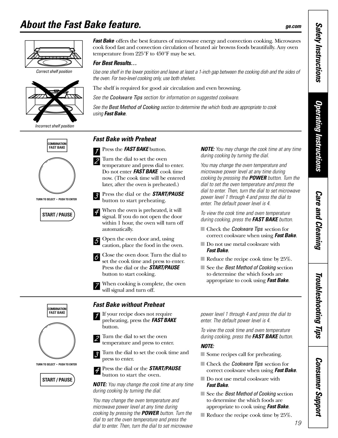 GE JVM1790 About the Fast Bake feature, Instructions Care and Cleaning, Fast Bake with Preheat, Fast Bake without Preheat 