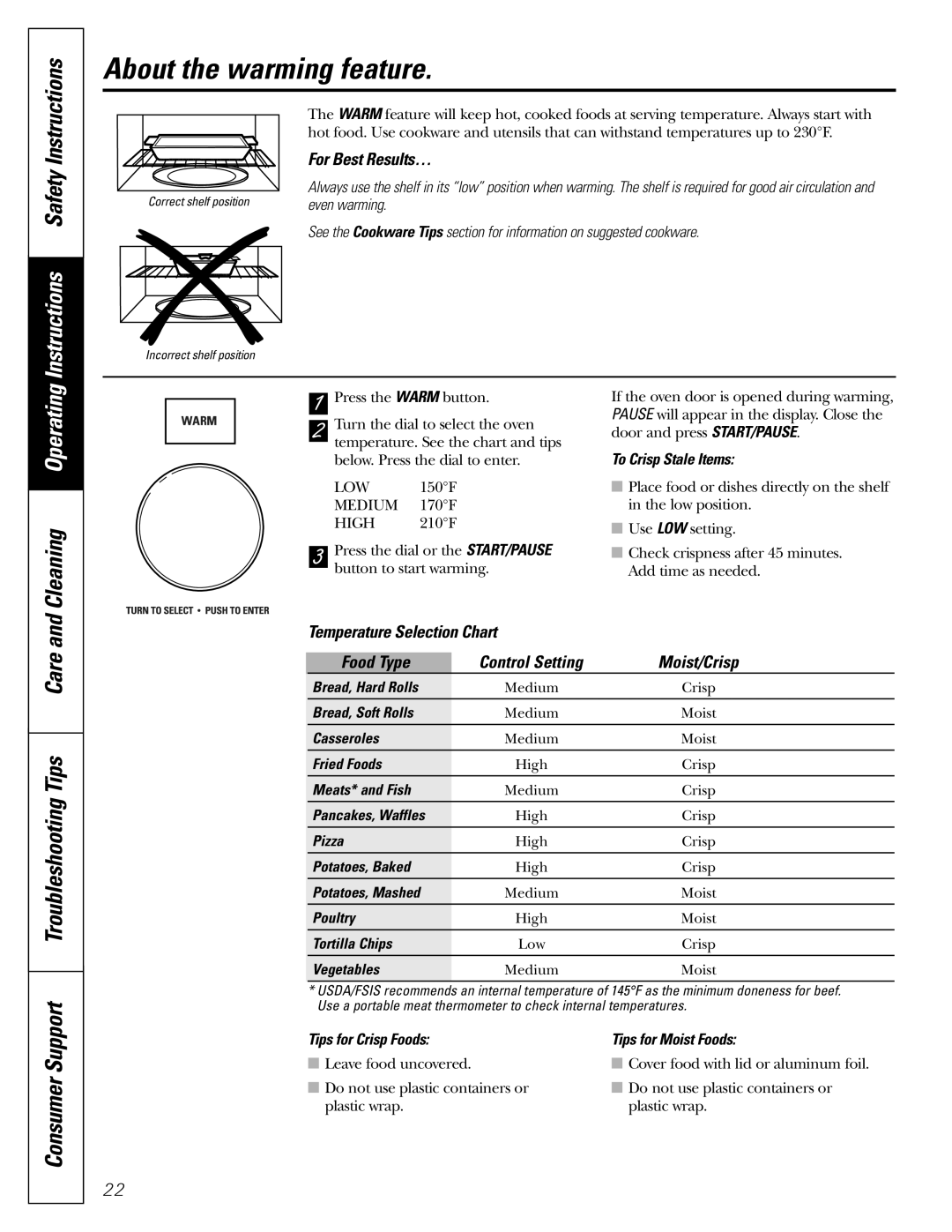 GE JVM1790 owner manual About the warming feature, Temperature Selection Chart, Food Type 