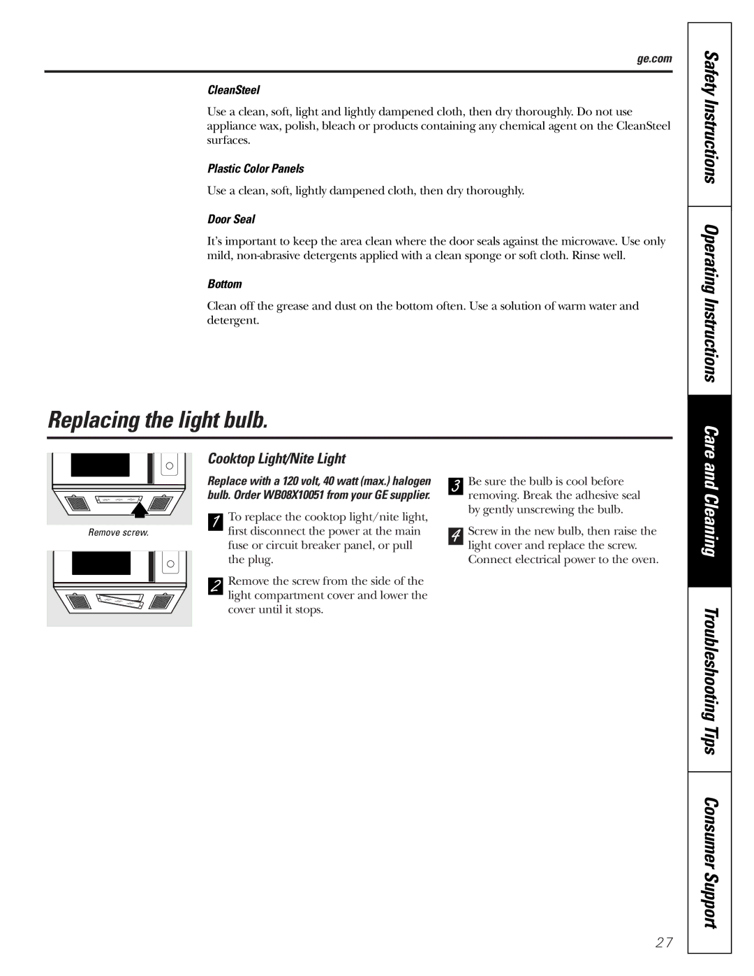 GE JVM1790 owner manual Replacing the light bulb, Cleaning, Cooktop Light/Nite Light 