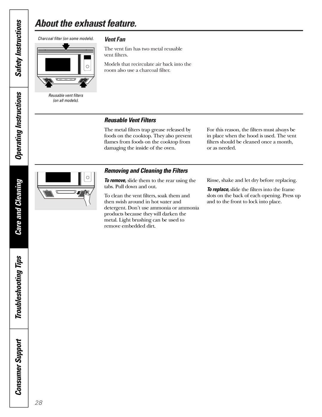 GE JVM1790 owner manual About the exhaust feature, Operating Instructions Safety Instructions, Reusable Vent Filters 