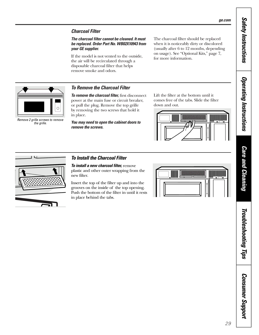 GE JVM1790 owner manual Operating Instructions Care, To Remove the Charcoal Filter, To Install the Charcoal Filter 