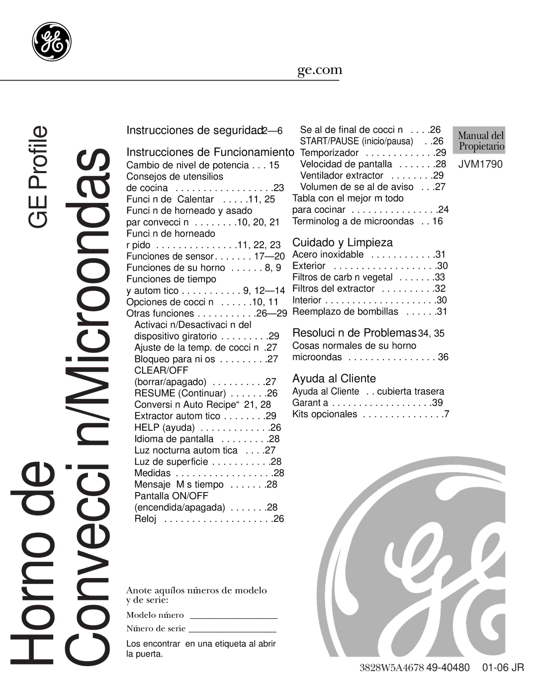 GE JVM1790 owner manual Anote aquí los números de modelo y de serie, Modelo número Número de serie, Manual del, Propietario 