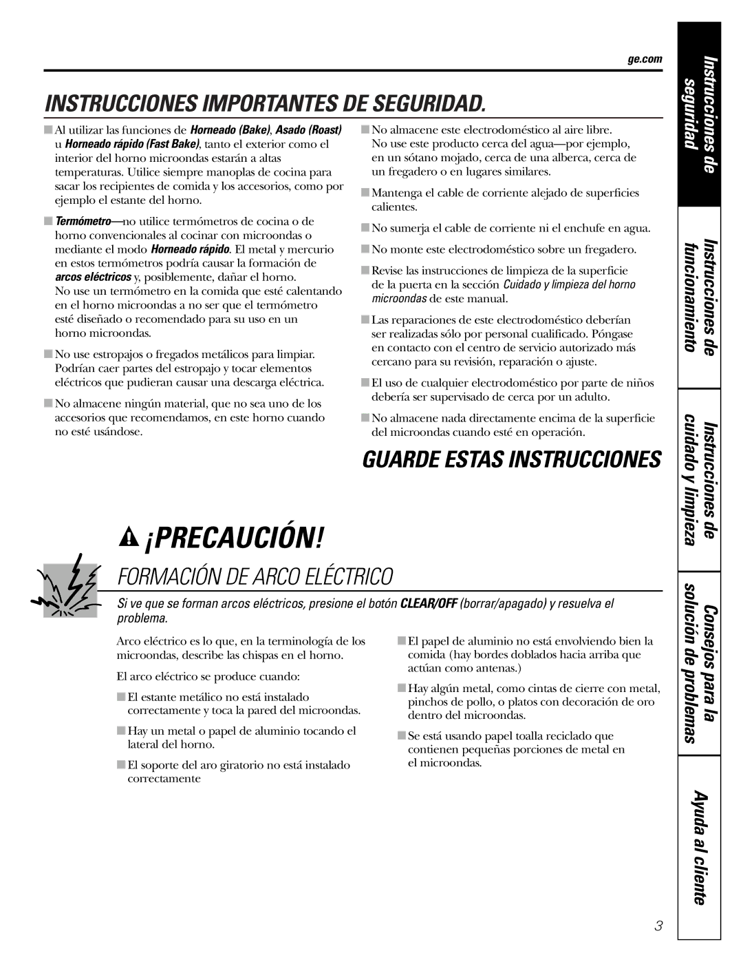 GE JVM1790 Formación DE Arco Eléctrico, Cuidado, Solución, Consejos para la de problemas, Limpieza Instrucciones de 