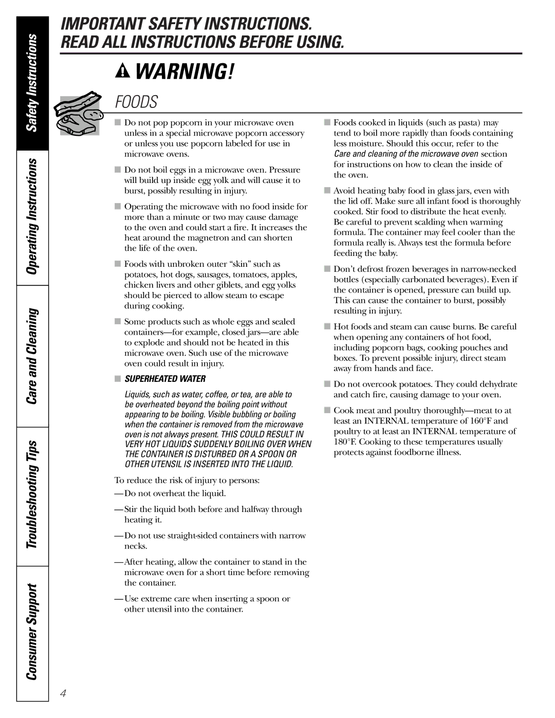 GE JVM1790 owner manual Foods, Superheated Water 