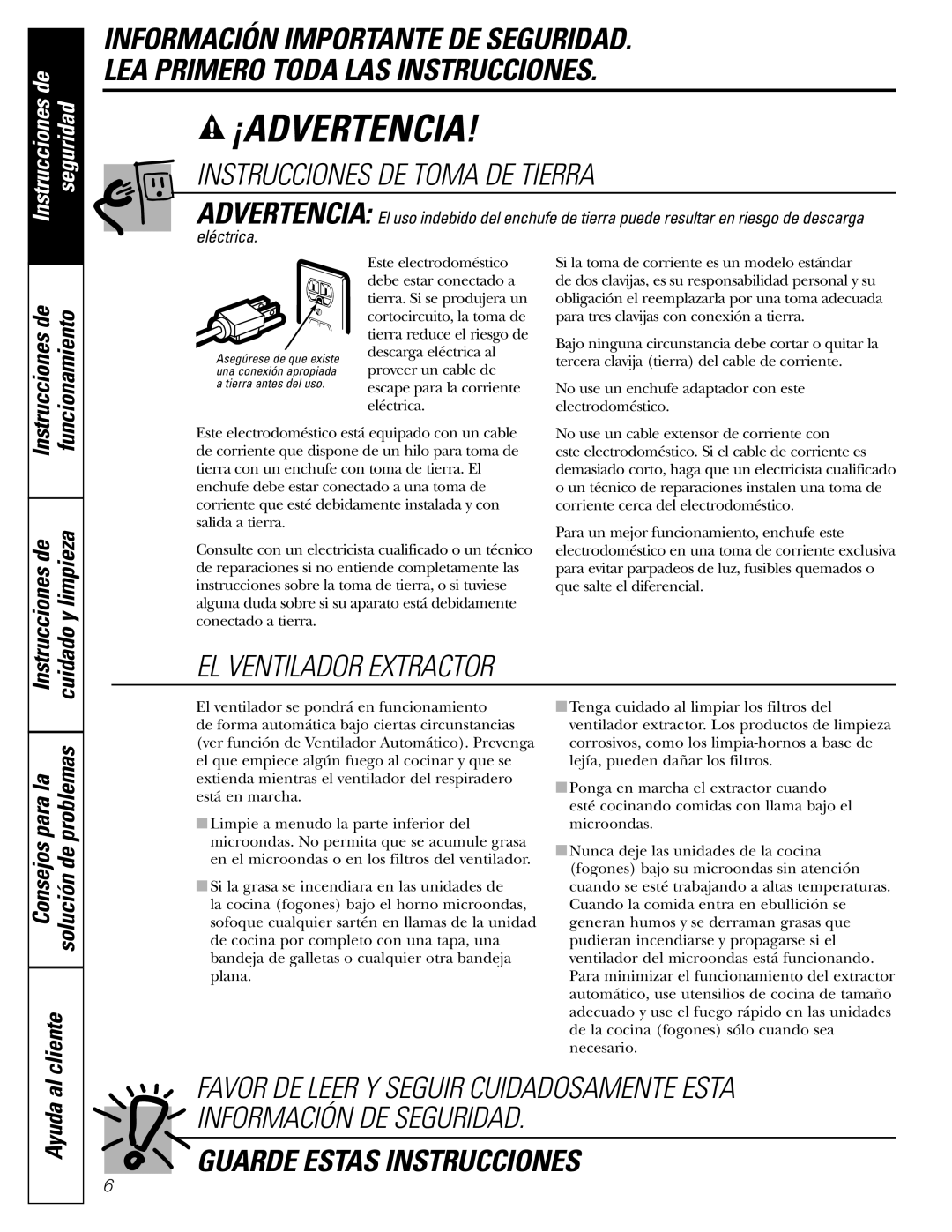 GE JVM1790 owner manual Instrucciones DE Toma DE Tierra 