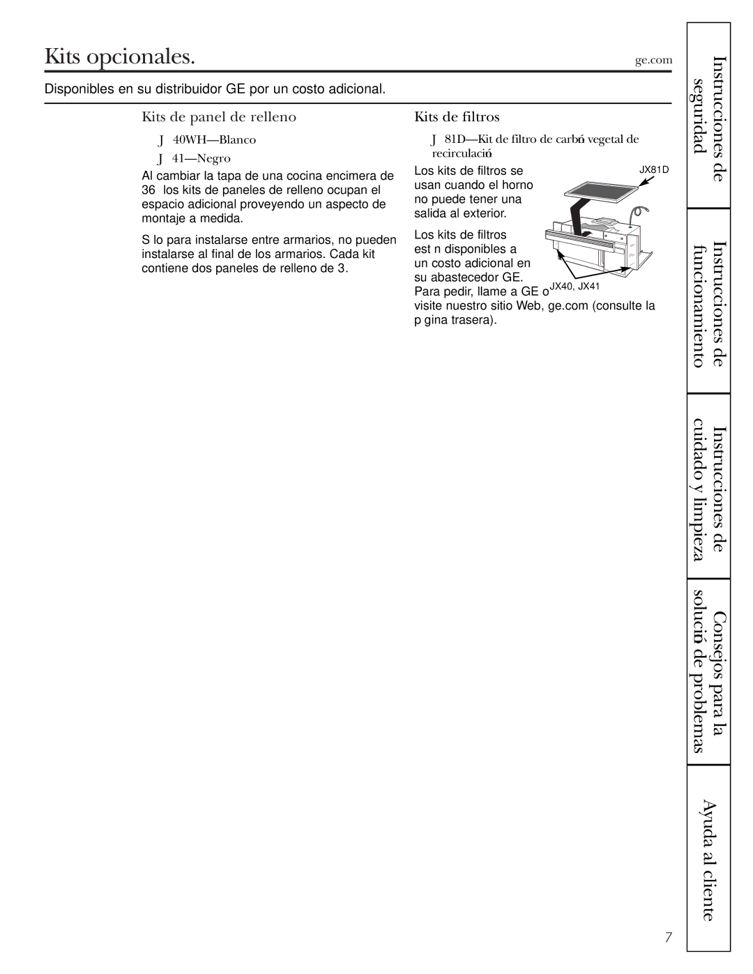 GE JVM1790 owner manual Kits opcionales, Kits de panel de relleno, Kits de filtros, JX40WH-Blanco JX41-Negro 