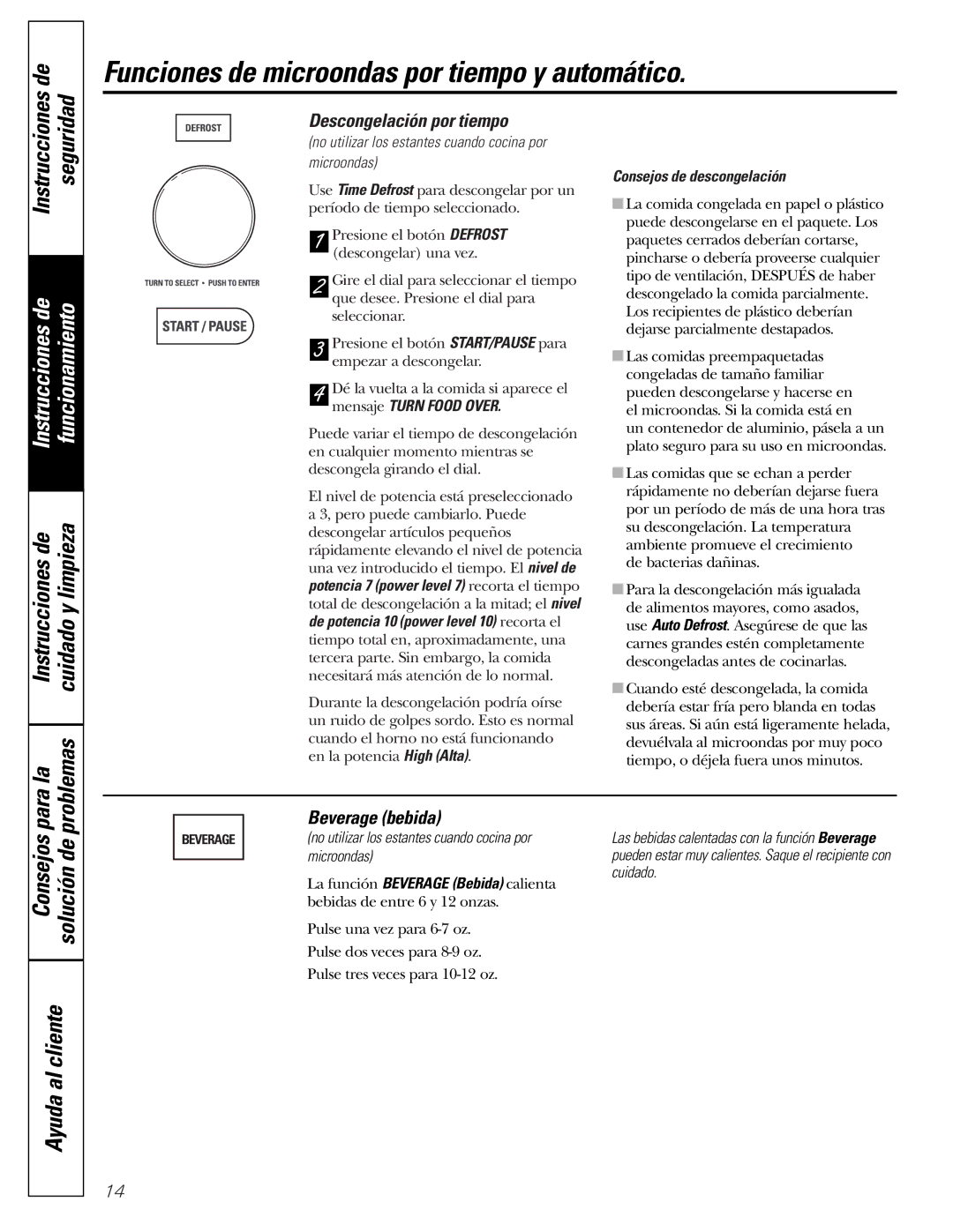 GE JVM1790 owner manual Parala, Instrucciones Seguridad, Consejos solución de, Descongelación por tiempo, Beverage bebida 