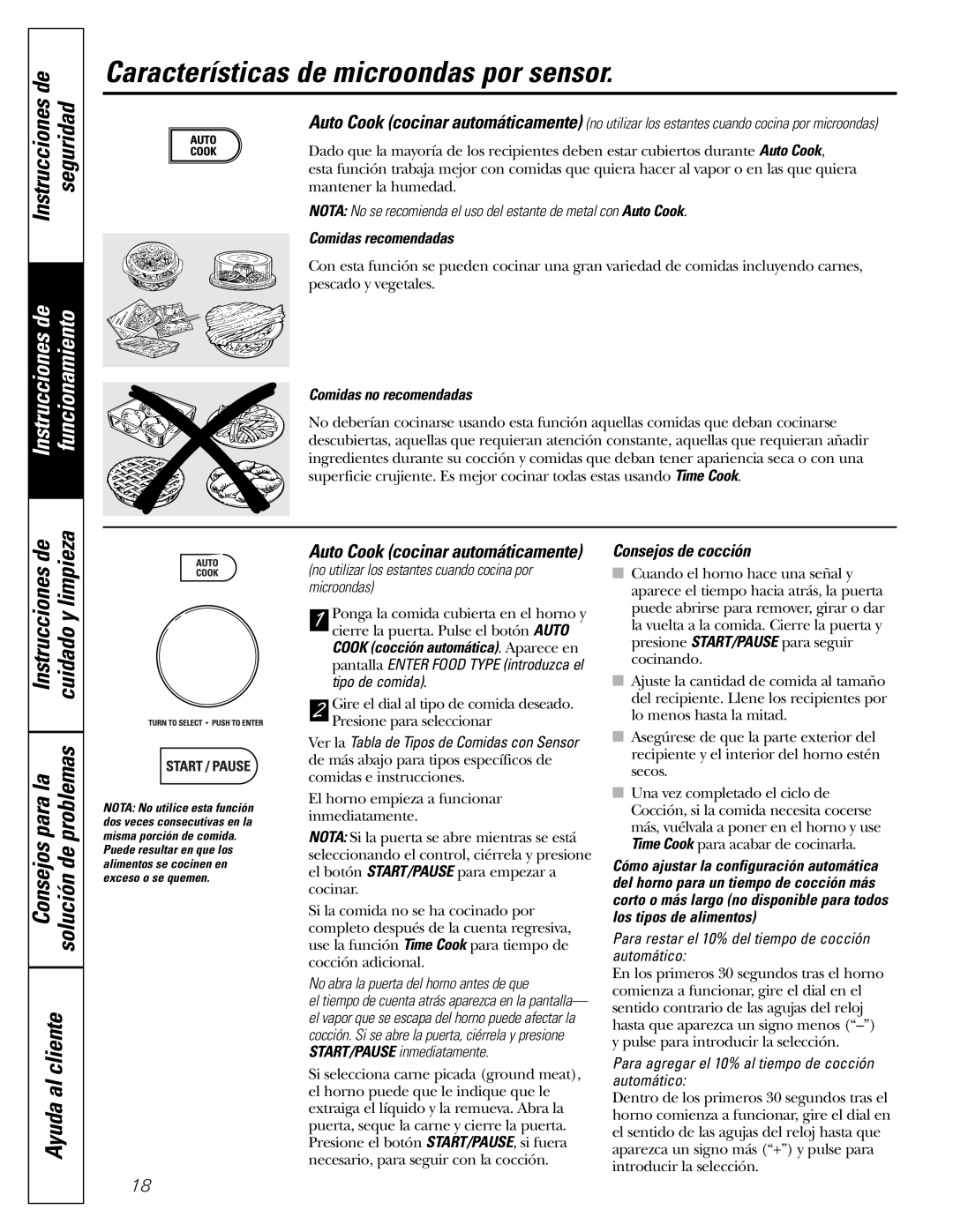 GE JVM1790 owner manual Consejos de cocción, Comidas recomendadas, Comidas no recomendadas 