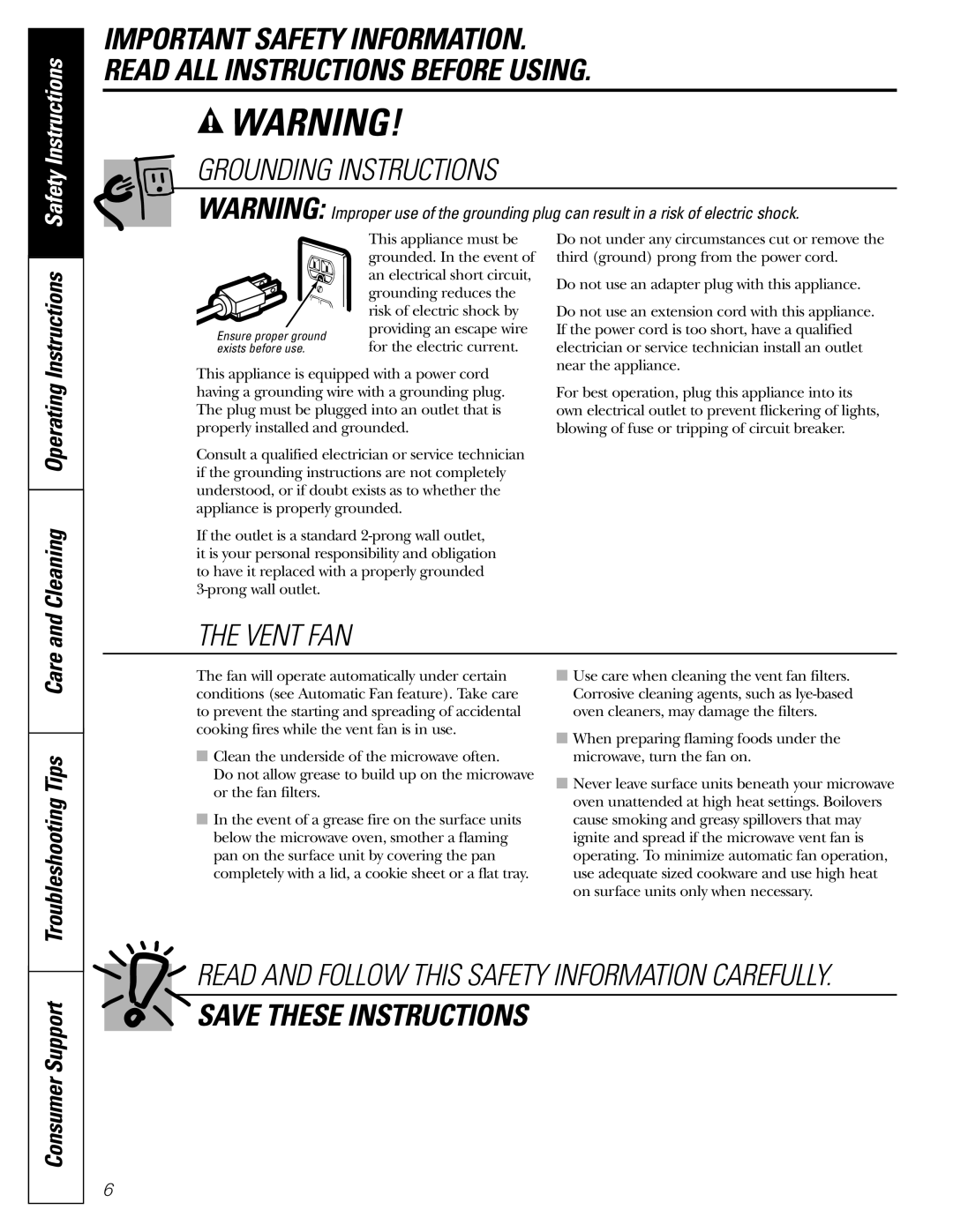 GE JVM1790 owner manual Grounding Instructions, Vent FAN, Cleaning Operating, Consumer Support 