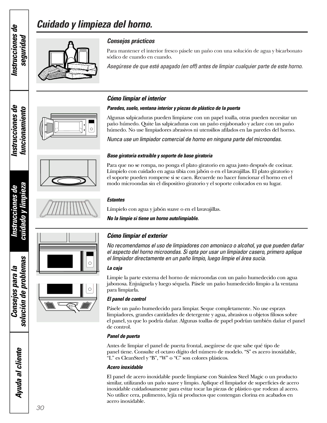 GE JVM1790 owner manual Cuidado y limpieza del horno, Instrucciones de Seguridad Funcionamiento, Consejos prácticos 