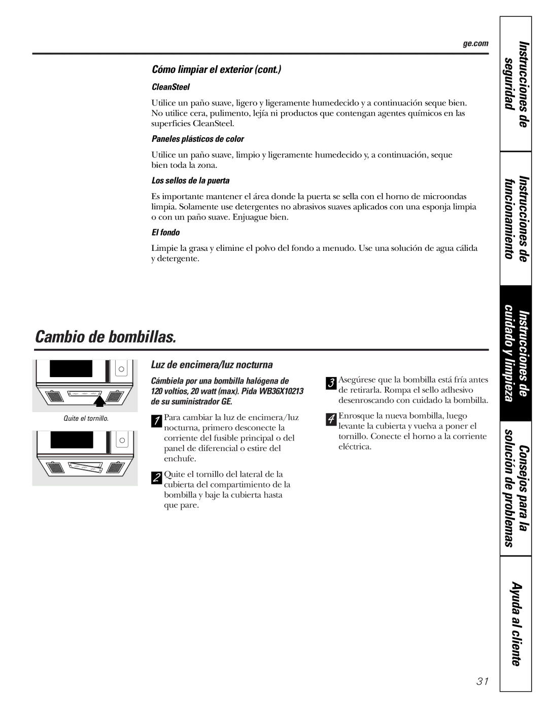 GE JVM1790 owner manual Cambio de bombillas, Luz de encimera/luz nocturna 