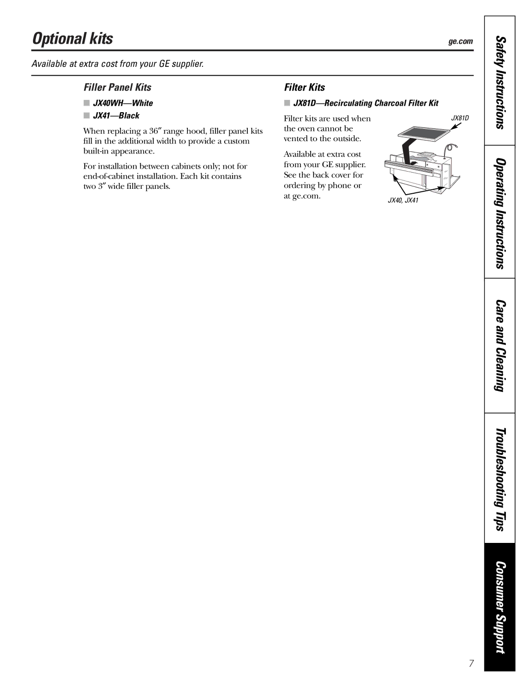 GE JVM1790 Optional kits, Safety, Instructions Operating Instructions Care and Cleaning, Filler Panel Kits, Filter Kits 