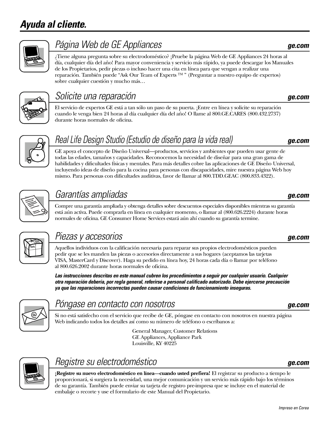 GE JVM1790 Ayuda al cliente Página Web de GE Appliances, Solicite una reparación, Garantías ampliadas, Piezas y accesorios 