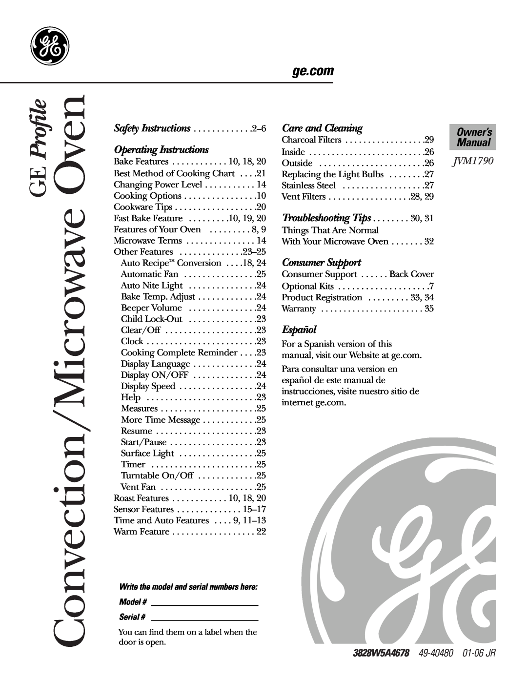 GE JVM1790 owner manual ge.com, Operating Instructions, Care and Cleaning, Consumer Support, Español 
