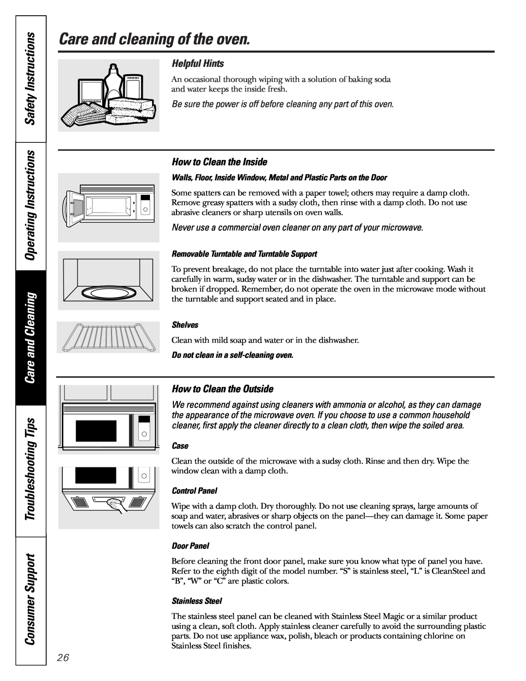 GE JVM1790 owner manual Care and cleaning of the oven, Helpful Hints, How to Clean the Inside, How to Clean the Outside 