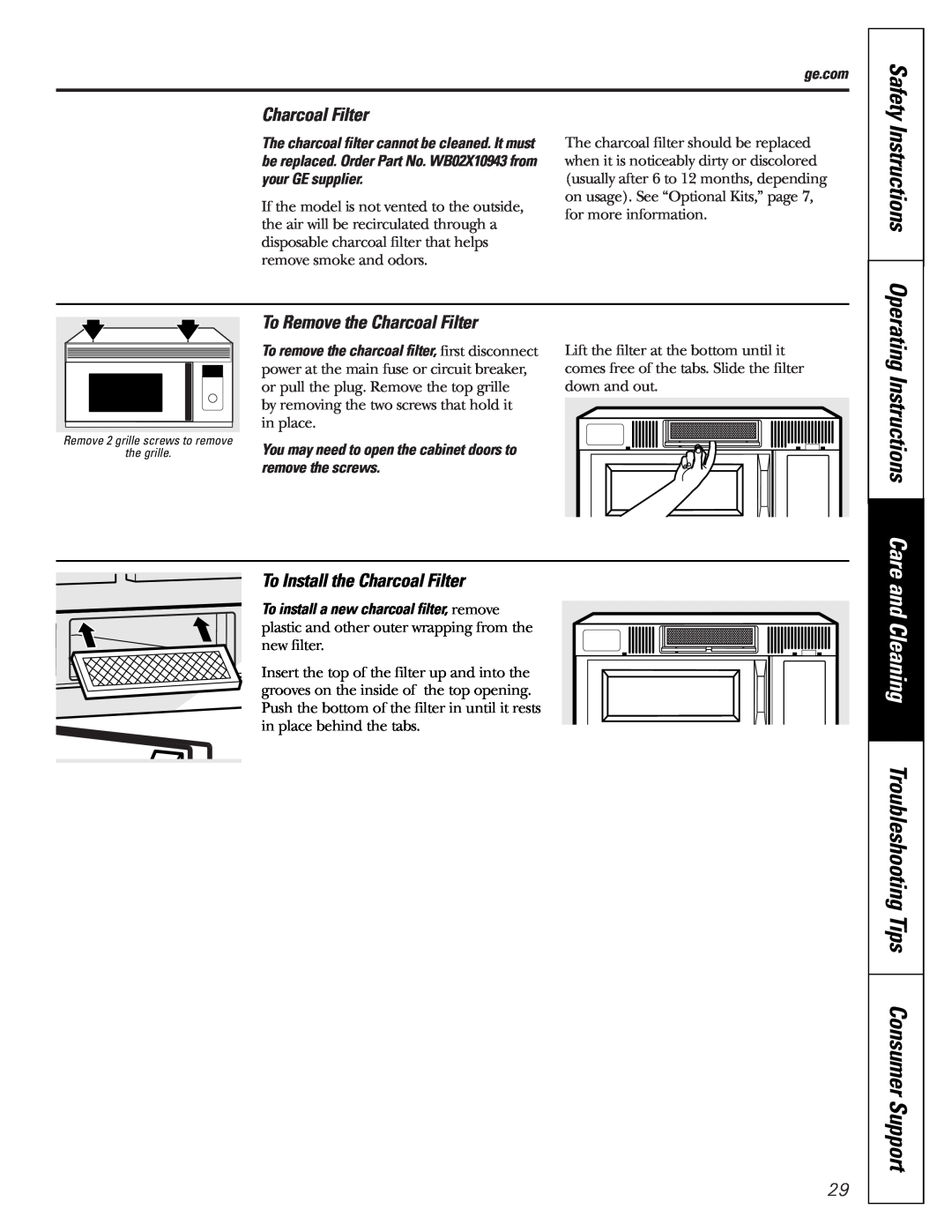 GE JVM1790 Operating Instructions Care, To Remove the Charcoal Filter, To Install the Charcoal Filter, Safety, ge.com 