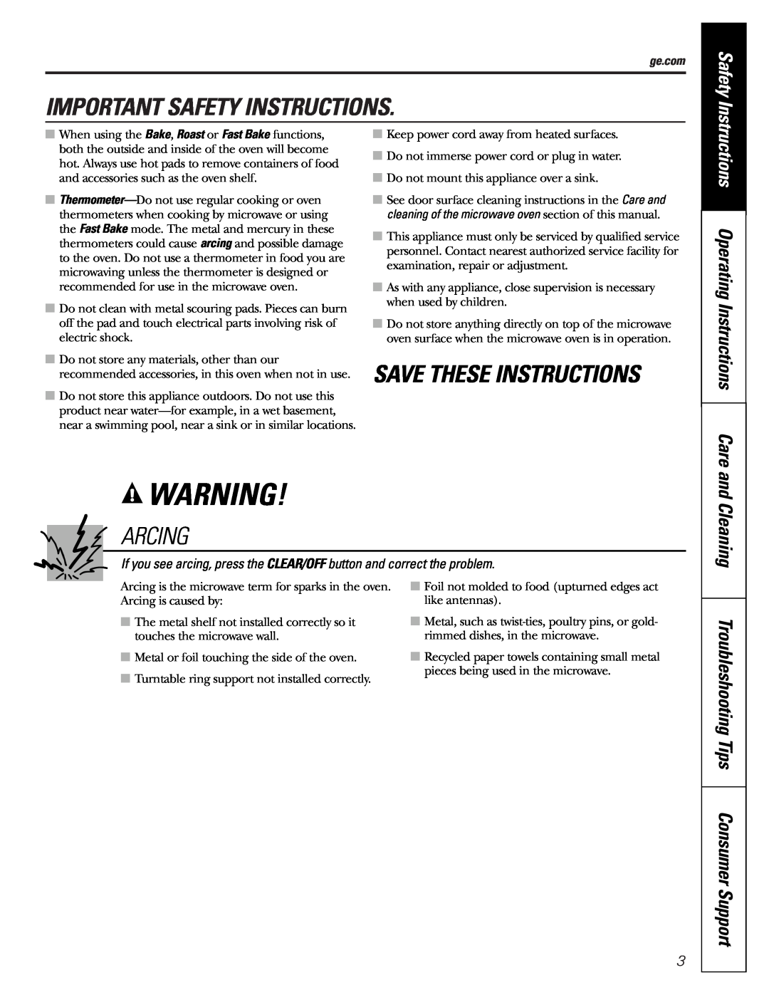 GE JVM1790 Arcing, Safety, Instructions Operating Instructions Care, Troubleshooting Tips Consumer Support, and Cleaning 