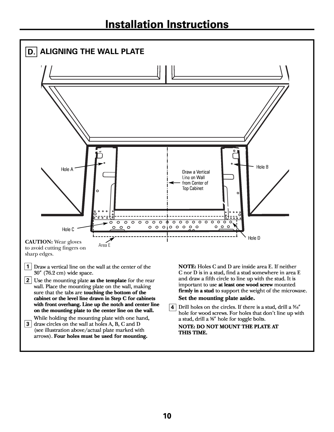 GE JVM1790 installation instructions D. Aligning The Wall Plate, Installation Instructions, Set the mounting plate aside 