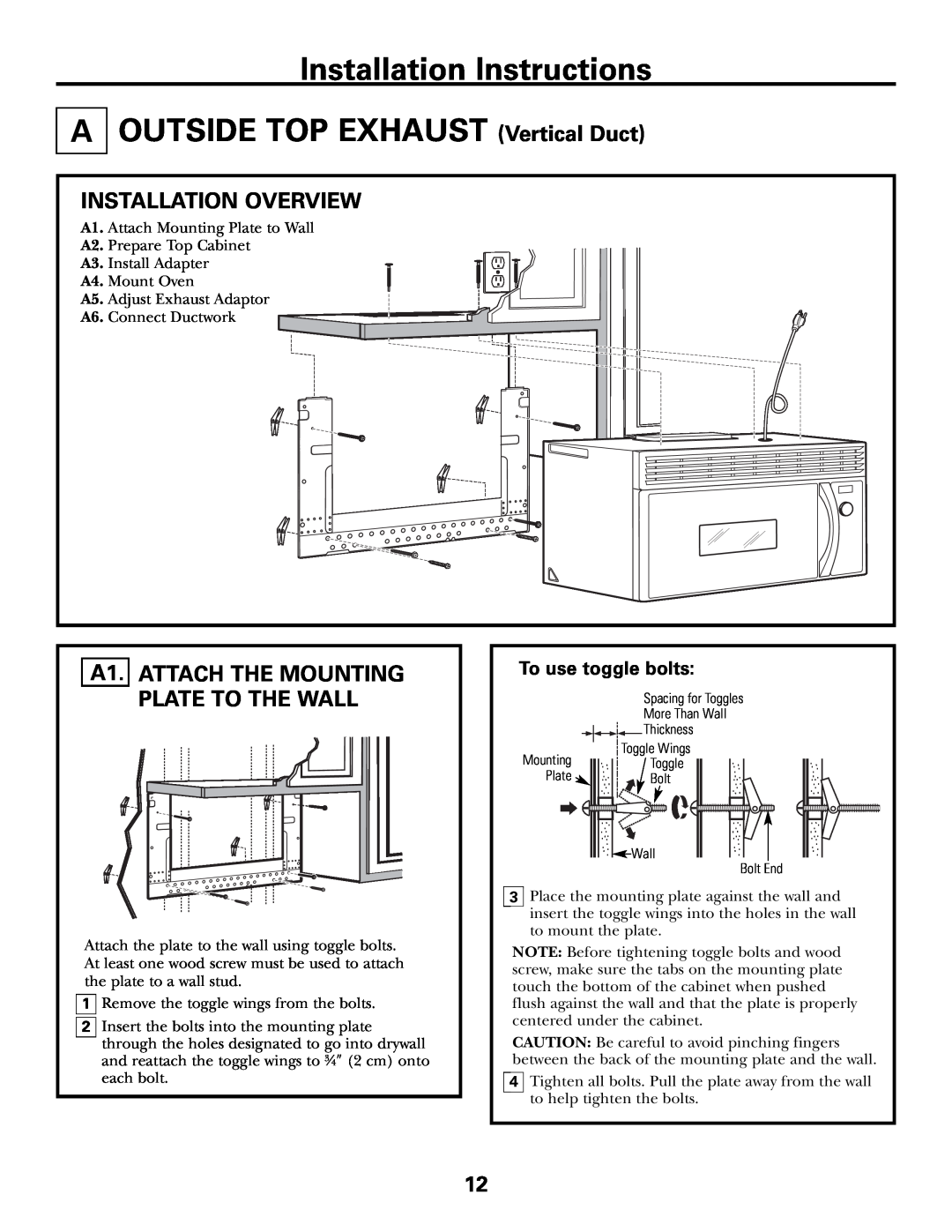 GE JVM1790 OUTSIDE TOP EXHAUST Vertical Duct, Installation Overview, A1. ATTACH THE MOUNTING PLATE TO THE WALL 