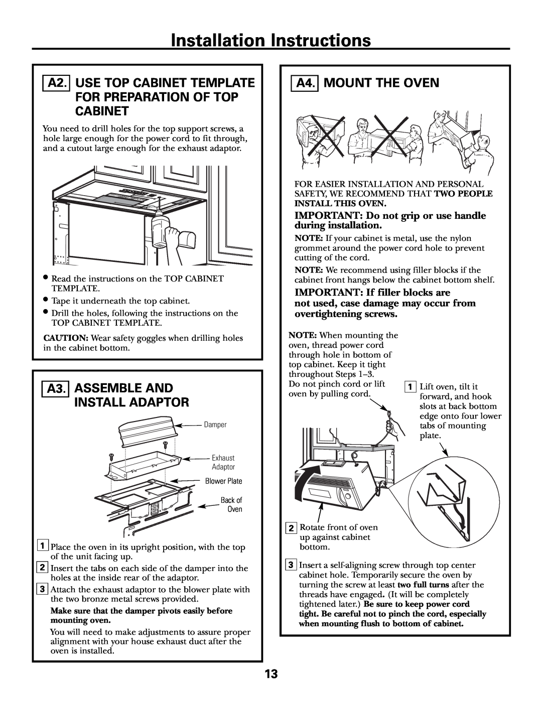 GE JVM1790 A4. MOUNT THE OVEN, A3. ASSEMBLE AND INSTALL ADAPTOR, IMPORTANT Do not grip or use handle during installation 